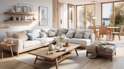 Bright Scandinavian style apartment living room design and pastel white, cream colors with trendy furniture