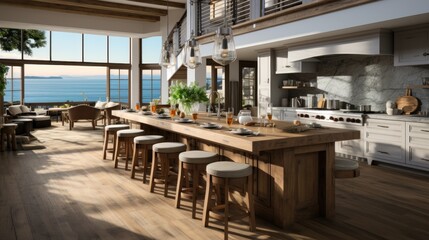 Fototapeta premium Modern and contemporary kitchen interior with doors leading to sea views