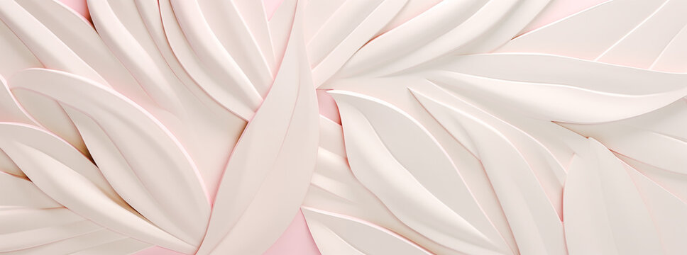 White, pink floral leaves 3d wall texture background, Mother’s Day’s caring banner. Graphic resource abstract, feminine romantic pink leaves, Valentine’s Day love panorama by Vita