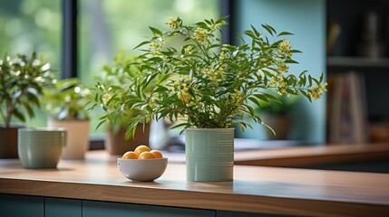 Fototapeta premium kitchen interior and table decorated with green plants
