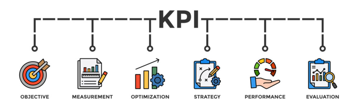 KPI banner web icon vector illustration concept for key performance indicator in the business metrics with an icon of objective, measurement, optimization, strategy, performance, and evaluation