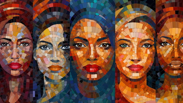 Portrait of diverse group of natural beautiful women made from many small mosaic pieces. Group of beautiful different ethnicity women. Multi ethnic beauty and friendship.