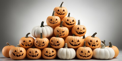 Stack of white ghost pumpkin on white wooden background. halloween concept