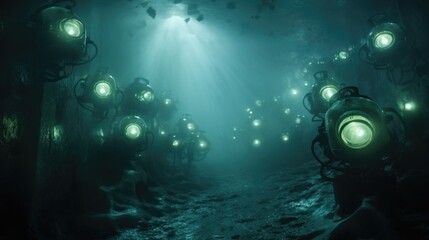 Fototapeta na wymiar An eerie closeup of underwater headlights shining through the murk, creating an otherworldly atmosphere.