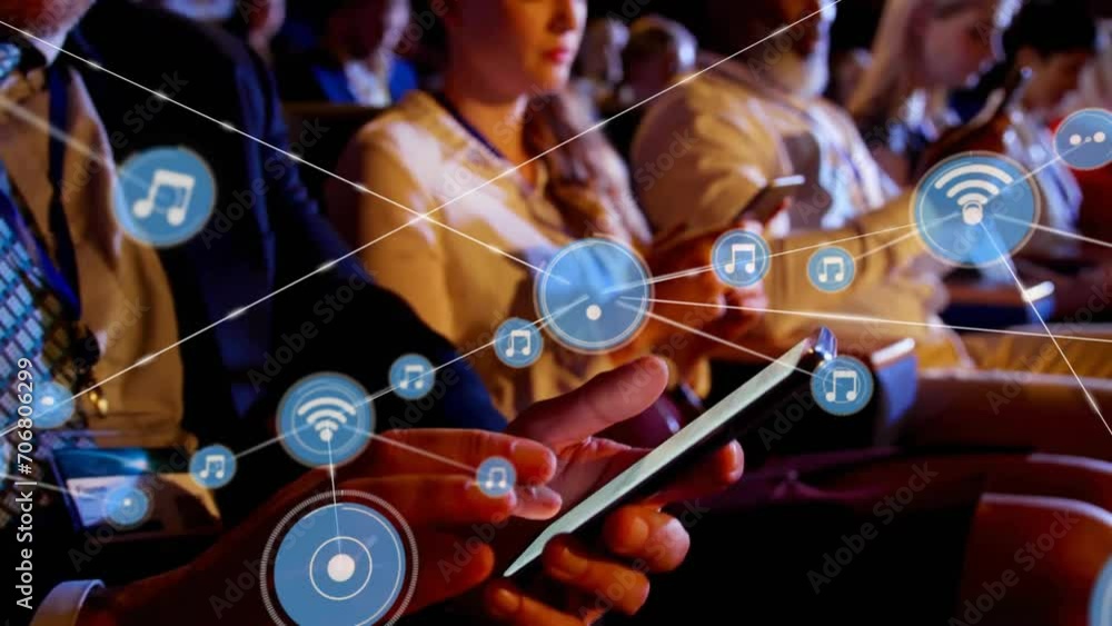 Poster animation of network of connections with icons over caucasian businessman using smartphone