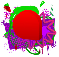 Purple, red, green graffiti speech bubble. Abstract modern Messaging sign street art decoration, Discussion icon performed in urban painting style.