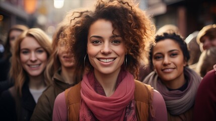 Fototapeta premium Group of women standing together, celebrating International Women’s Day. Sisterhood community.