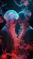 jellyfish in the ocean.jellyfish in colorful powder paint explosion, dynamic. couple love .