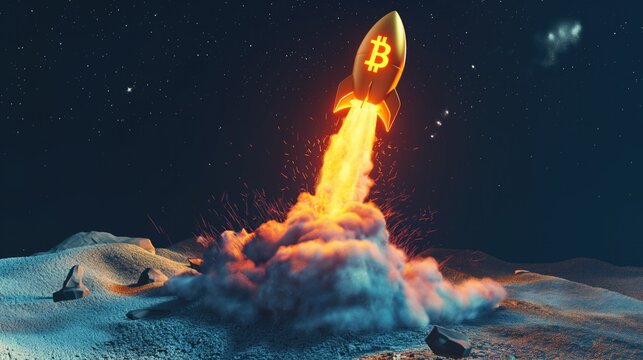 3D illustration of Bitcoin (BTC) rocket lift off and heading to moon. Concept of boom bullish crypto currency market in uptrend stage.
