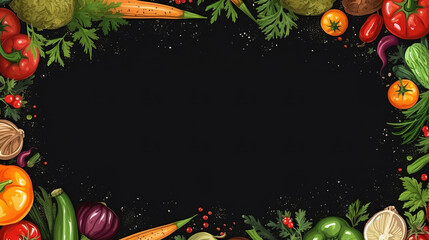 Attactive Food set of fresh vegetables and fruits on a black stone background organic food
