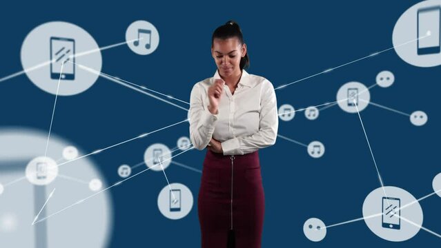 Animation of biracial businesswoman and network of connections with icons over blue background
