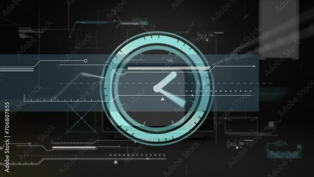 Poster animation of clock ticking over data processing on black background