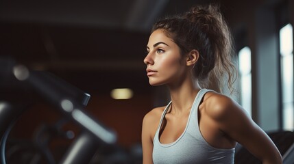 Fototapeta na wymiar portrait of young woman resting in gym after workout