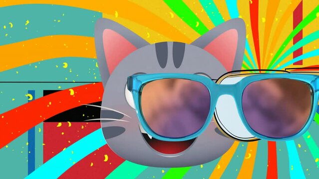 Animation of cat and sunglasses vibrant lines pattern over green background