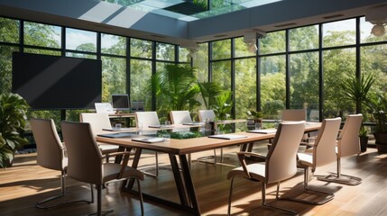 Professional boardroom meeting room lit by natural light empty chairs and tables