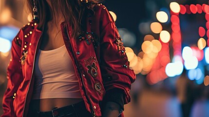 A red bomber jacket with embroidered details, worn over a white tank top and black ripped skinny...