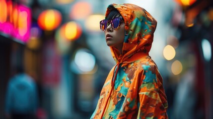 Fototapeta premium Unleash your creativity and personal style with this genderfluid look, featuring a bright and playful hoodie in a genderneutral fit, paired with relaxed uni joggers. Add a touch of edge with