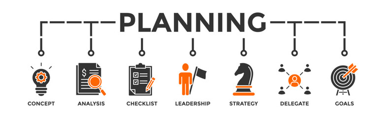 Planning banner web icon vector illustration concept with icon of concept, analysis, checklist, leadership, strategy, delegate and goals - obrazy, fototapety, plakaty