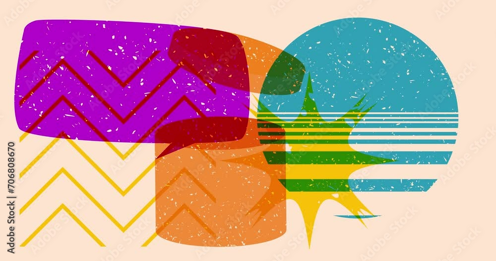 Poster risograph cardboard box with speech bubble and geometric shapes animation. moving object in trendy r