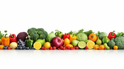 Wide collage of fresh fruits and vegetables for layout isolated on white background. isolated on...