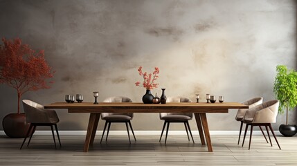 Minimalist dining room interior concept with wooden family table, chairs, cups, cutlery, cream colored walls