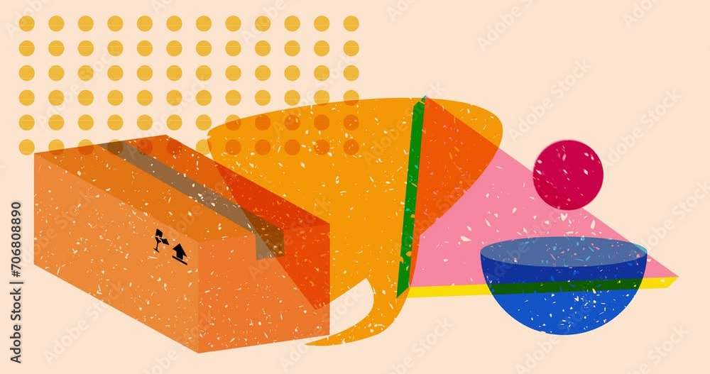 Poster risograph cardboard box with speech bubble and geometric shapes animation. moving object in trendy r