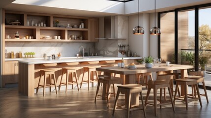Modern and minimalist kitchen with furniture, wooden elements, and marble floors and walls, beige in color