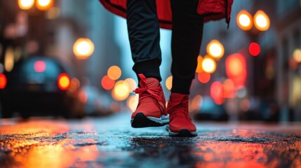 Urban adventure Stand out in the city with this fiery red sneaker, black jogger, and red windbreaker combo a fashionforward and functional outfit for exploring the urban landscape.