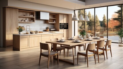 Modern and minimalist kitchen with furniture, wooden elements, and marble floors and walls, beige in color