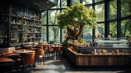 The coffee shop interior is modern, comfortable and elegant