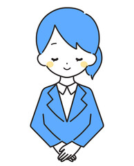青色｜笑顔でお辞儀をする女性｜スーツ