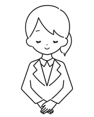 モノクロ｜笑顔でお辞儀をする女性｜スーツ