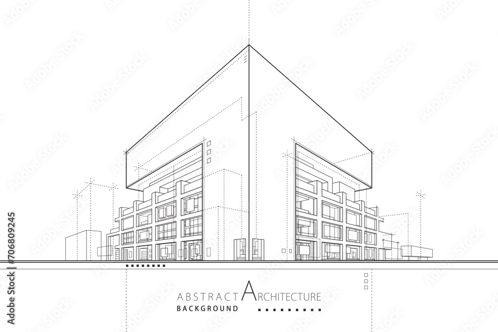 Aufkleber 3d illustration abstract urban building out-line drawing of imagination architecture building constr