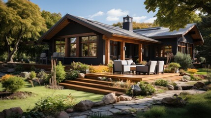 Modern country house with large yard with trees. In front of the house there is a relaxing terrace.