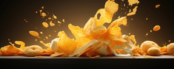 An artistic take on cheese puffs, featuring a closeup shot where the perfectly puffed treats are captured in gentle motion, with shards of cheese forming a mouthwatering cascade. - obrazy, fototapety, plakaty