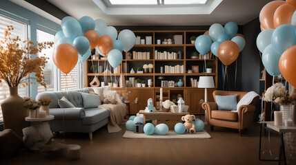 living room decorated with blue and orange balloons for a baby shower and child's birthday celebration