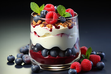 Healthy blueberry and raspberry parfait in a mason jar