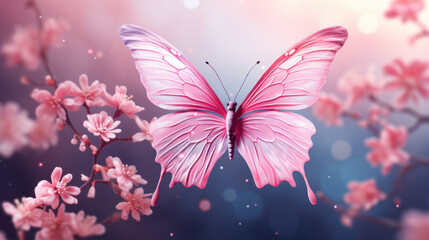 Blossoming sakura flowers and flying butterfly against beautiful background macro in wildlife, soft focus. Elegant artistic image nature scene beauty of nature environment. Generative AI