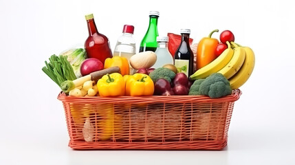 Balanced Wooden background with basket full of vegetables