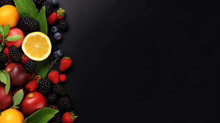 Tasteful Fresh fruits, vegetables and berries, On a black background, Banner Top view