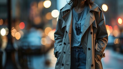 A long trench coat in a monochromatic color scheme, layered over a uni graphic tshirt and oversized denim pants for a genderneutral twist on classic outerwear.
