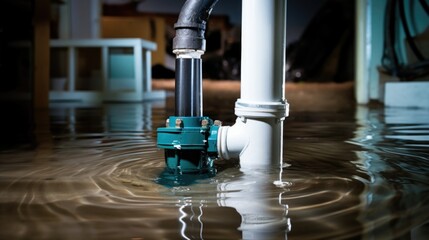 An upclose shot of a sump pump hard at work, pumping out excess water and saving the day for homeowners. - obrazy, fototapety, plakaty