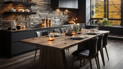 Fototapeta na wymiar Modern kitchen with wooden furniture and floors and marble walls in all black