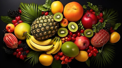 Nutrient Assortment of colorful ripe tropical fruits, Top view