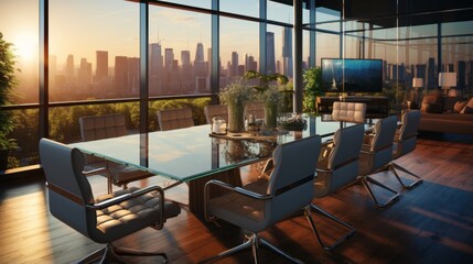 Modern style conference room with furniture at sunrise