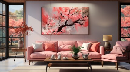 Modern living room with sofa and furniture, carpet, roses in vase and beige or light pink color