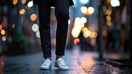 Breaking gender norms with a sleek pinstripe suit, sporty white sneakers, and a basic black tee.