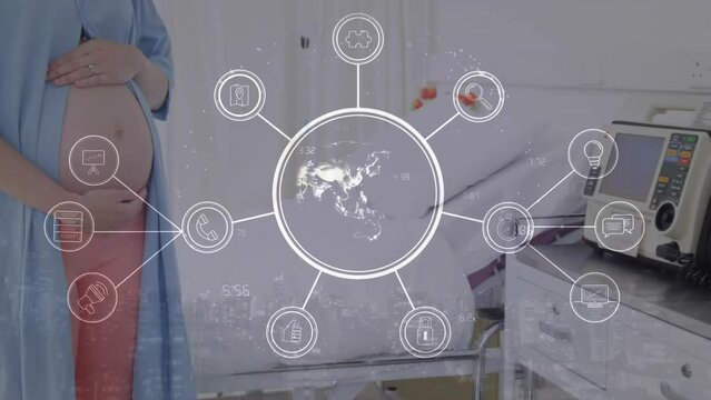 Animation of caucasian pregnant woman in hospital and network of connections with icons