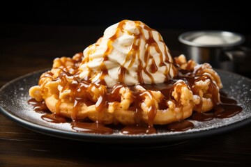 Ready to embrace a burst of sweetness This funnel cake is generously drizzled with a golden caramel sauce, creating a heavenly combination that will satisfy your deepest dessert cravings. - obrazy, fototapety, plakaty
