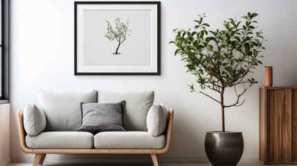 modern scandinavian living room with poster frame, design cabinet, plant in vase, black rattan...